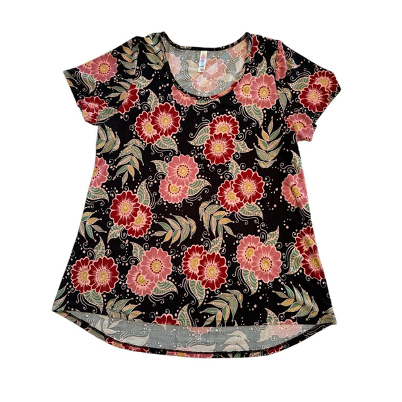 LuLaRoe SOFT Floral Blouse Womens Large Multicolor Short Sleeves Black Pink Red - Picture 1 of 9